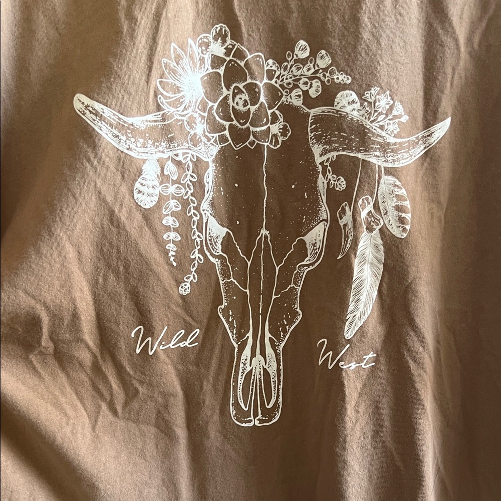 Wild West Brown Graphic Tee with Fringe and Bull Design - Picture 2 of 4